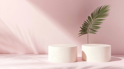 Minimalist display podiums, light and shadow, pink background.  Ideal for product showcase