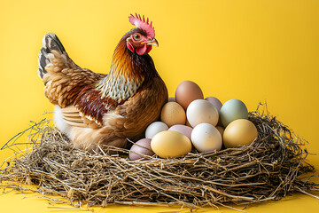 Hen Sitting on Multicolored Eggs in a Nest Against Yellow Background
