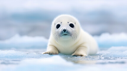 Fototapeta premium Charming Harp Seal Pup on Ice Floe Posing with Innocence and Soft Light in an Arctic Ambiance