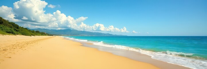 Fototapeta premium Vast expanse of golden sand, soft ripples stretching to cloudless blue, clear, wide