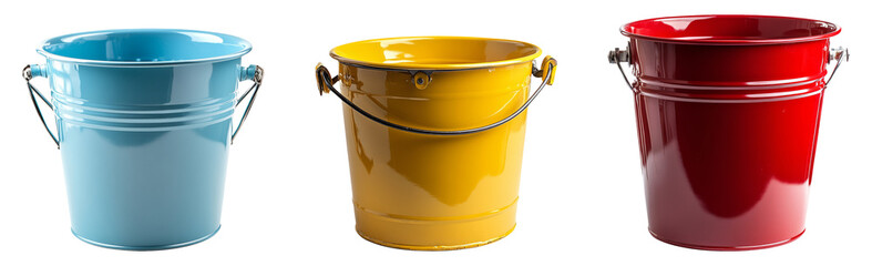 Three colorful buckets isolated on a transparent background for use in design