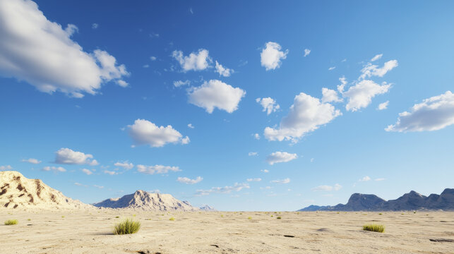 vast desert landscape featuring clear blue sky with fluffy clouds, distant mountains, and sparse vegetation, evoking sense of tranquility