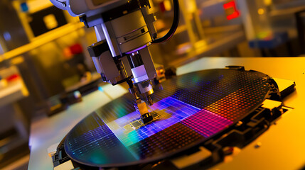 A mechanical arm in an advanced semiconductor packaging plant, surrounded by microchips, wafers