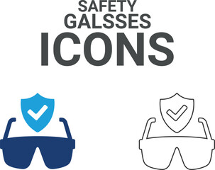Safety glass icons. Containing experiment, test tube, microscope, flask, chemical, biology, research, lab and more. Solid vector icons collection.