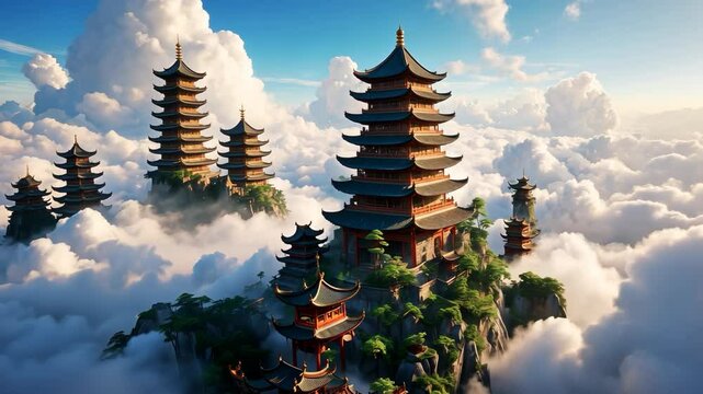 Majestic Pagodas Emerge from a Sea of Clouds: A Serene Journey to Asian Architectural Wonders