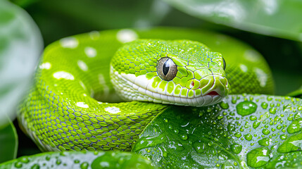Fototapeta premium Emerald Serpent Coiled on Dew Kissed Foliage Reptilian Majesty in Verdant Greens and Glimmering Droplets
