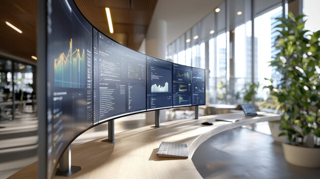 modern workspace featuring curved monitor setup displaying data analytics and graphs, surrounded by greenery and natural light