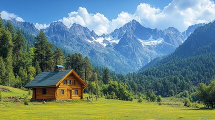 Obraz premium Scenic mountain cabin amidst lush greenery, beneath a clear sky