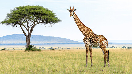 Obraz premium Giraffe Standing Tall Next to an Acacia Tree in the African Savanna Landscape of Serengeti Plains