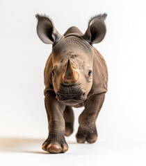 Obraz premium Baby rhino charging, white background, wildlife conservation