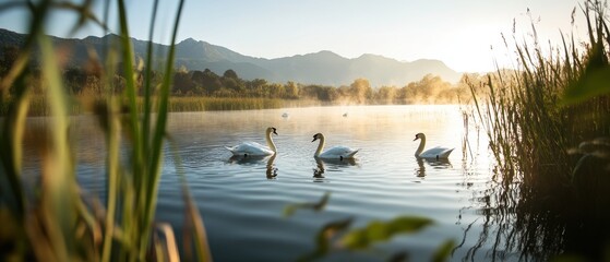 Naklejka premium Serene lake scene featuring swans swimming amidst tall grasses and distant mountains under a soft sunrise glow.