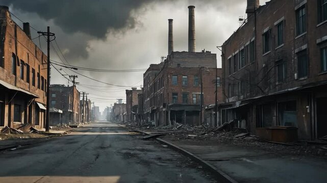 Ghost Town Alley: Depicts Urban Decay with Abandoned Buildings and Overcast Moody Sky