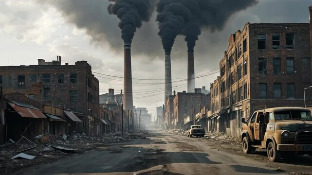 Grim city view: industrial stacks emit dark smoke over neglected buildings and street