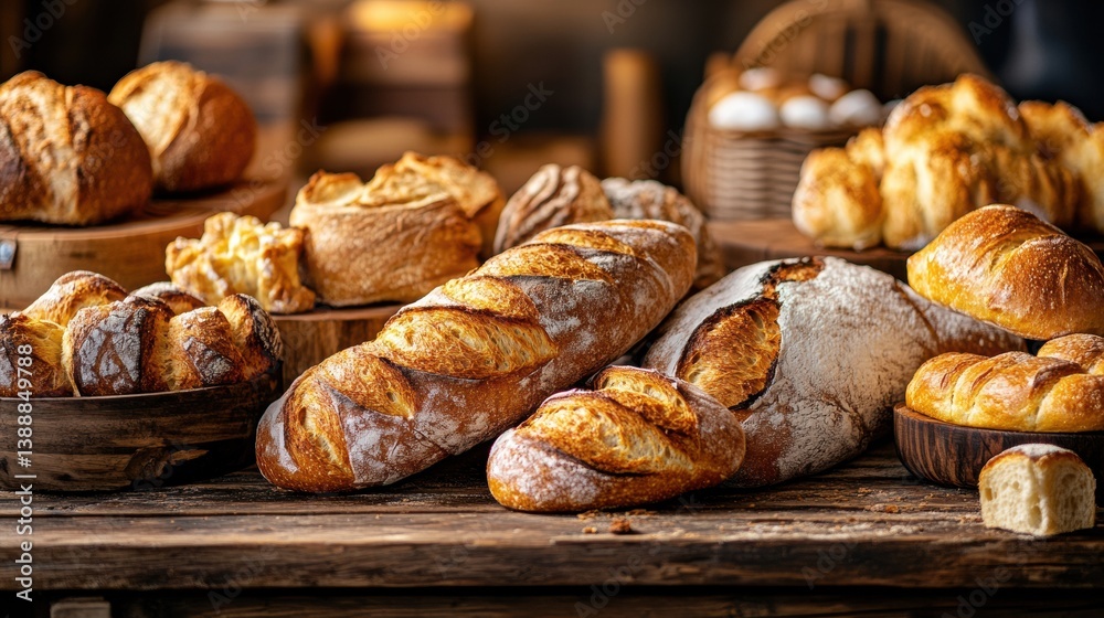Aufkleber golden brown bread and pastries on a rustic wooden table in a cozy setting with warm ambient lightin