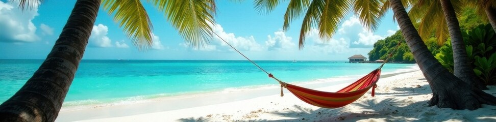 Turquoise water laps shore; hammock hangs between palms; sun dappled shade , hammock, tropical paradise, hammock relaxation