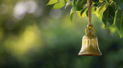 beautiful brass bell hanging from tree branch surrounded by lush green leaves, creating serene and peaceful atmosphere