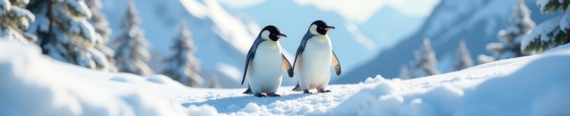 Obraz premium Two adorable penguins waddle across snowy hills, fir trees in background , festive, illustration