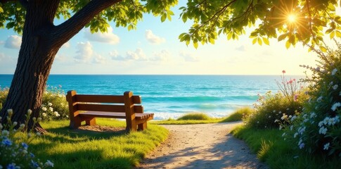 Obraz premium Warm sunlight paints a seaside bench & path, inviting sea view , landscape, horizon, ocean