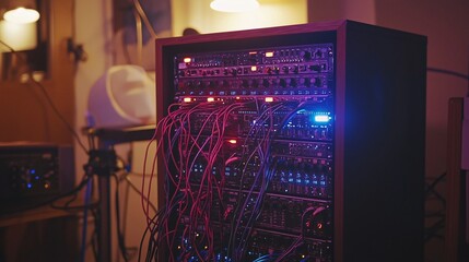 A modular synthesizer with many cables, knobs, and lights in a dark room