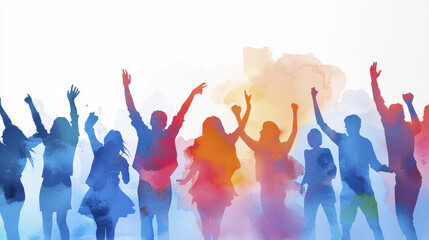 Celebratory silhouettes of people dancing joyfully against colorful watercolor background, expressing happiness and freedom