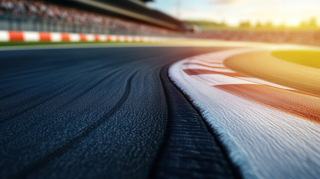 high speed race track with sharp curve, showcasing textured asphalt and vibrant surroundings. scene captures excitement and energy of motorsport, inviting viewers to feel thrill of racing