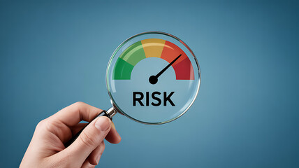 Risk Assessment Magnified A Hand Holding a Magnifying Glass Over a Risk Meter Indicating High Risk Levels