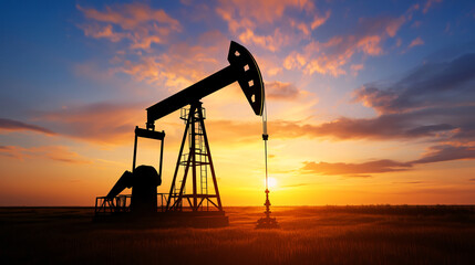 Silhouette of an Oil Pump Jack Extracting Crude Oil Against a Dramatic Sunset Backdrop Field