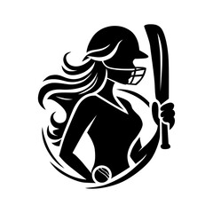 Female cricket player silhouette with bat and ball