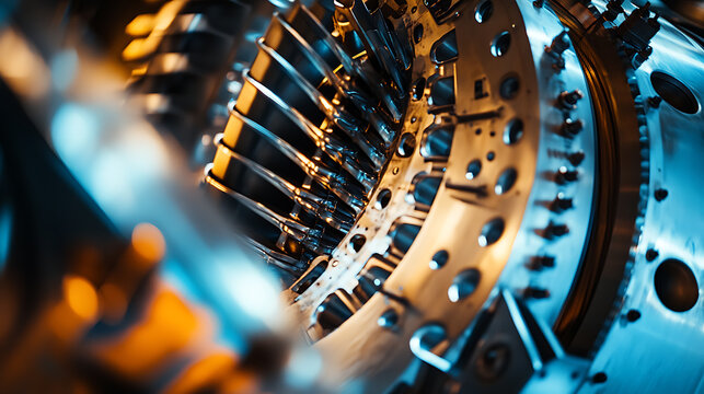A mechanical arm in an aerospace engine component assembly line, surrounded by turbine blades, high-temperature testing rigs