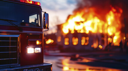 firetruck stands ready as flames engulf building, showcasing urgency and bravery of emergency responders