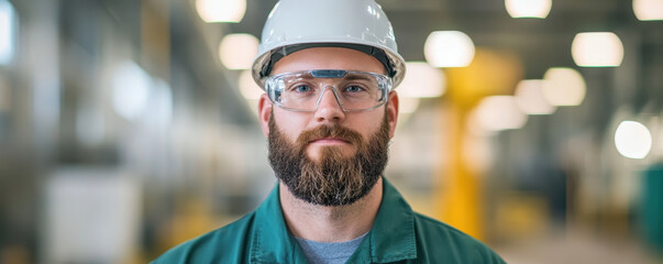 focused mechanical engineer wearing safety glasses and hard hat stands confidently in well lit industrial environment, showcasing professionalism and dedication to safety