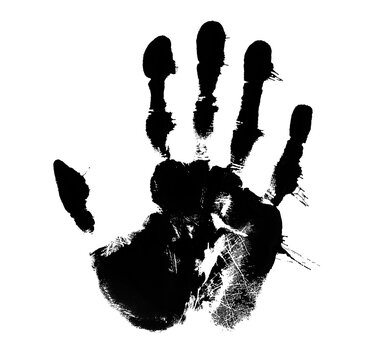Black ink handprint stamp with fingers on clean white surface.