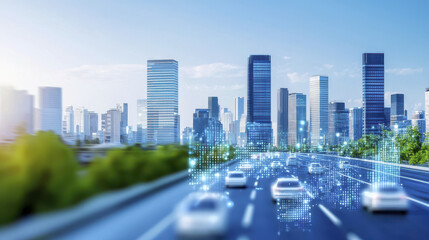 modern city skyline with skyscrapers and digital elements representing smart technology, showcasing urban innovation and connectivity