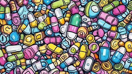 Obraz premium Colorful Cartoon Medication Overload: A Playful Take on Health and Wellness