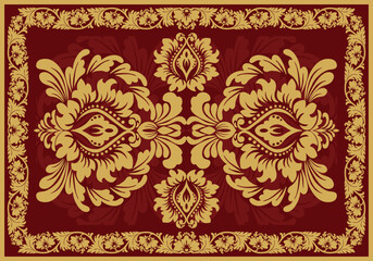 Luxurious damask pattern with gold floral elements on a deep red background, ideal for classic wallpapers, fabrics, and elegant decorative projects.