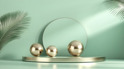 Minimalist mint green display with golden spheres and palm leaves