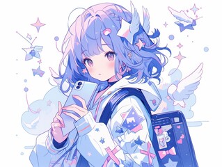 Pastel Dream: Angelic Anime Girl with Phone