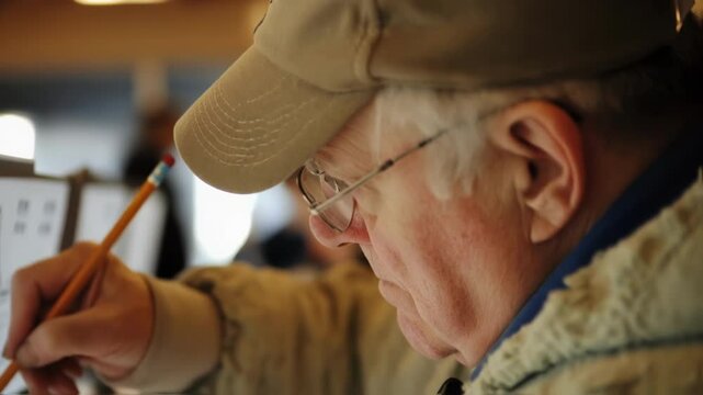 Elderly poll worker wearing glasses and a cap, meticulously reviews ballots, contributing to the integrity of the democratic process in a serious and focused manner