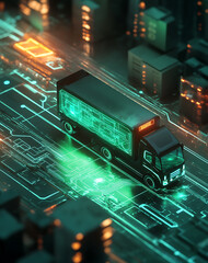 Futuristic GPS tracking of truck making deliveries through digital city. innovative technology makes scene look so innovative and reliable
