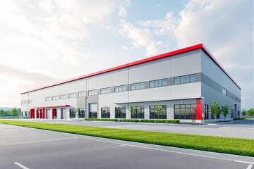 Obraz premium Modern industrial warehouse with red accents under bright sky.