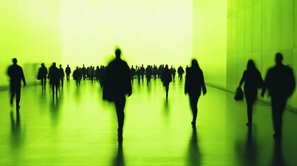Green hallway, crowd walking, blurred figures, modern building, business event