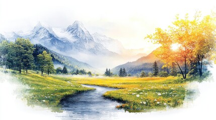 Obraz premium Serene Majestic Mountain Landscape Oil Painting with Snow-Capped Peaks, Tranquil River, and Vibrant Sunset Sky in Sepiatone Aesthetic