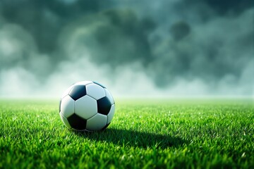 Fototapeta premium Soccer ball on green grass field under dramatic cloudy sky.