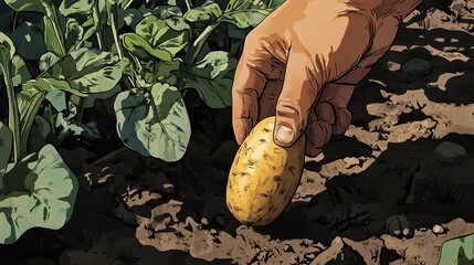 Hand harvesting potato, sunny field, agriculture illustration