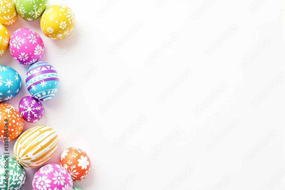 Poster colorful easter eggs with intricate white patterns on a light background.