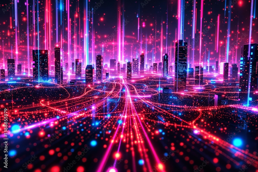 Poster futuristic cityscape with glowing neon lights and data streams.