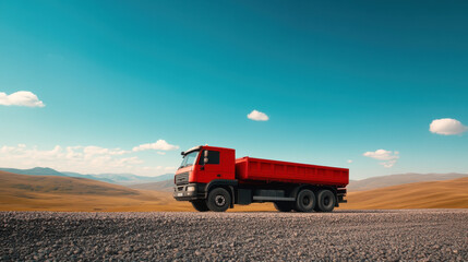 Naklejka premium red heavy duty truck is parked on gravel ground, surrounded by vast landscape of mountains and clear blue skies, evoking sense of adventure and exploration