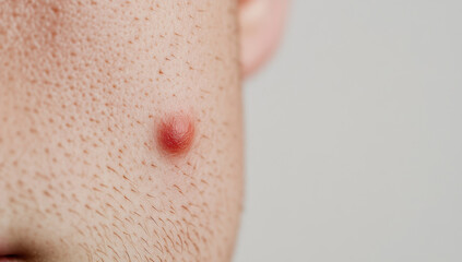 Fototapeta premium close up view of single red mark on skin, approximately one centimeter in size, highlighting its texture and color. This evokes curiosity about skin conditions and health