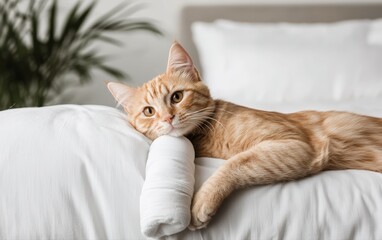 Cozy Ginger Cat Relaxing on Soft White Bedding, Peaceful and Serene Atmosphere