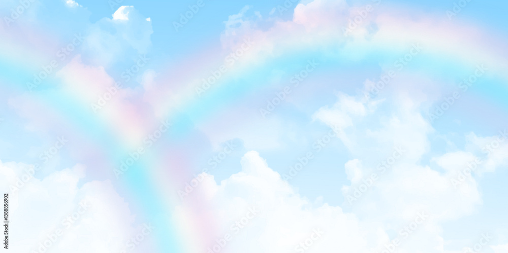 Poster dramatic summer sky with beautiful rainbow emerging from the cloud. rainbow on a cloudy sky backgrou